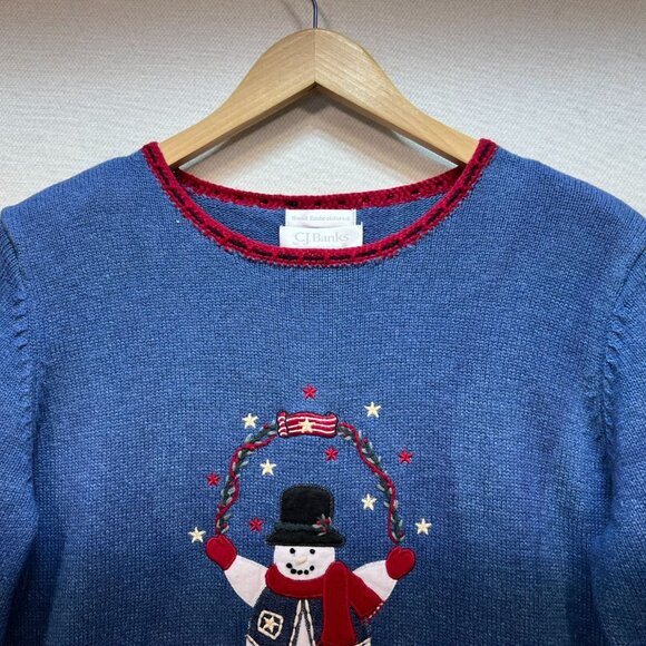 C.J. Banks Womens Holiday Sweater Size X Blue Christmas Snowman Hand Embroidered - Picture 4 of 12